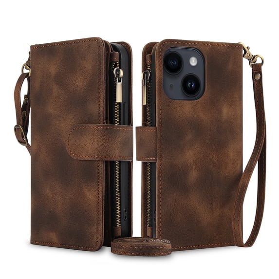 for iPhone 14 Plus Crossbody Case Wallet with Card Slots - PU Leather Case RFID Blocking Zipper Pocket Lanyard Wrist Strap Shockproof Protective Phone Cover for iPhone 14 Plus, Brown