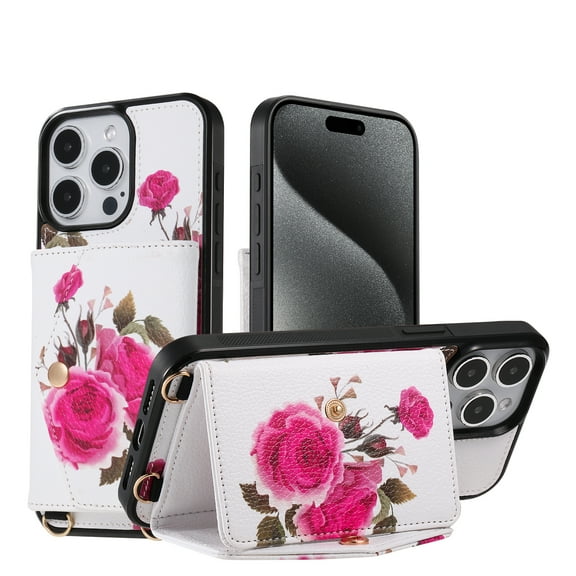 for iPhone 14 Plus Crossbody Wallet Case with Card Holder, Flower Pattern Back Flip PU Leather Case Stand Purse Case for Women Girls with Wrist Strap Lanyard, RFID Blocking Shockproof Cover, White
