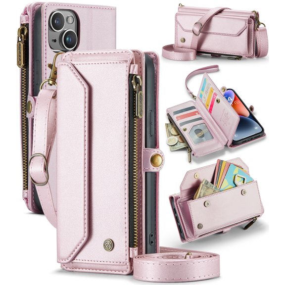 For iPhone 14 Plus Crossbody Wallet Case with Card Slots Zipper Pocket,PU Leather Magnetic Flip Folio Wristlet Shoulder Strap 3-in-1 Crossbody Phone Case Wallet for Women Men,Pink