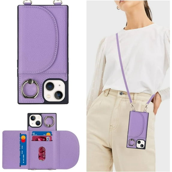 for iPhone 14 Plus Crossbody Wallet Case with Credit Card Holder,Lanyard Strap,360°Rotating Ring Kickstand,Flip PU Leather Girl's Phone Casas for Women Lady(Purple)