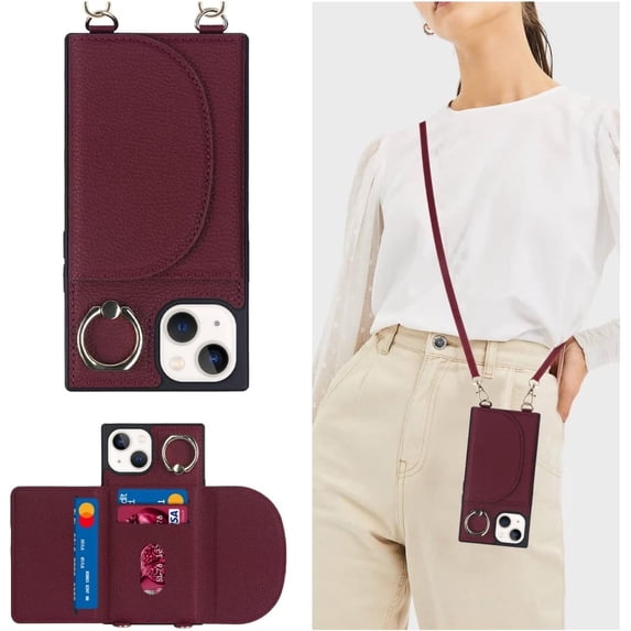 for iPhone 14 Plus Crossbody Wallet Case with Credit Card Holder,Lanyard Strap,360°Rotating Ring Kickstand,Flip PU Leather Girl's Phone Casas for Women Lady(Wine Red)
