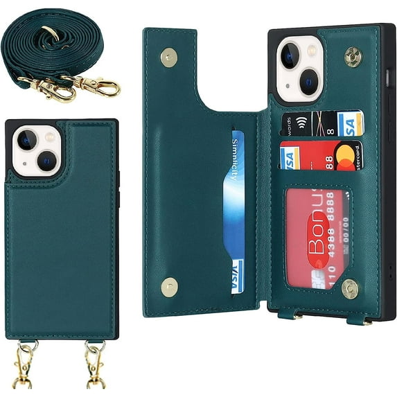 for iPhone 14 Plus Crossbody Wallet Case with Detachable Adjustable Lanyard Strap & Card Slot Holder,Magnetic Flip Folio Purse,PU Leather Travel Case for Women & Men,6.7 Inch (Blue-Green)
