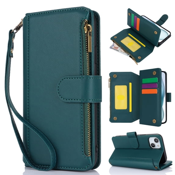 for iPhone 14 Plus Crossbody Wallet Case, RFID Blocking Case Wallet with Card Slots for Women, Fashion PU Leather Magnetic Clasp Zipper Wrist Strap Phone Cover for iPhone 14 Plus, Green