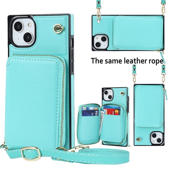 iPhone 14 Plus Crossbody Wallet Case, Zipper Pocket Phone Case Cross Body Strap with RFID Blocking Carring Bag Credit Card Premium Leather For iPhone 14 Plus - 6.7", Mint