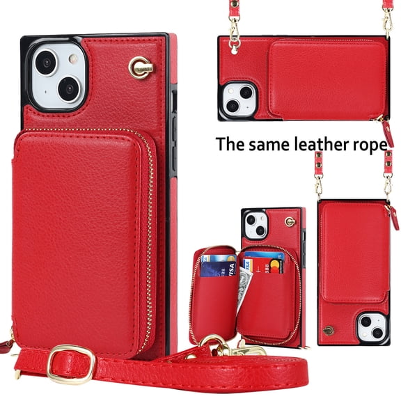 iPhone 14 Plus Crossbody Wallet Case, Zipper Pocket Phone Case Cross Body Strap with RFID Blocking Carring Bag Credit Card Premium Leather For iPhone 14 Plus - 6.7", Red