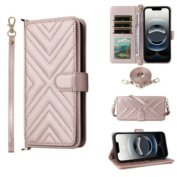 For iPhone 14 Plus Diamond Pattern PU Leather Wallet Case Magnetic Flip Cover Multi-Card Slots Pocket Kickstand With Detachable Shoulder Strap And Wrist Strap,Pink,For iPhone 14 Plus