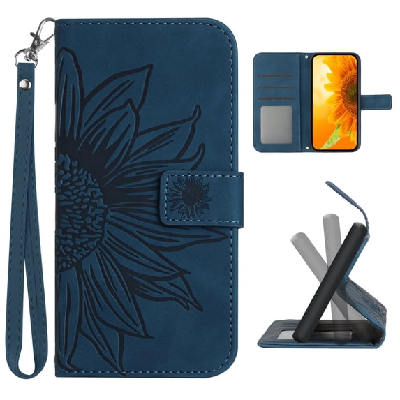for iPhone 14 Plus Flip Case, Flower Printed PU Leather Magnetic Wallet Case with Stand Holder Flip Cover with Card Slots and Strap Compartment for iPhone 14 Plus (6.7") - Inkblue