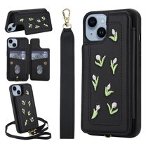 for iPhone 14 Plus Floral Pattern Wallet Case, Magnetic Snap PU Leather Credit Card Holder Stand Wrist Shoulder Strap Flip Cover, for iPhone 14 Plus Protective Case for Girls Women, Black