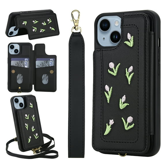 for iPhone 14 Plus Floral Pattern Wallet Case, Magnetic Snap PU Leather Credit Card Holder Stand Wrist Shoulder Strap Flip Cover, for iPhone 14 Plus Protective Case for Girls Women, Black
