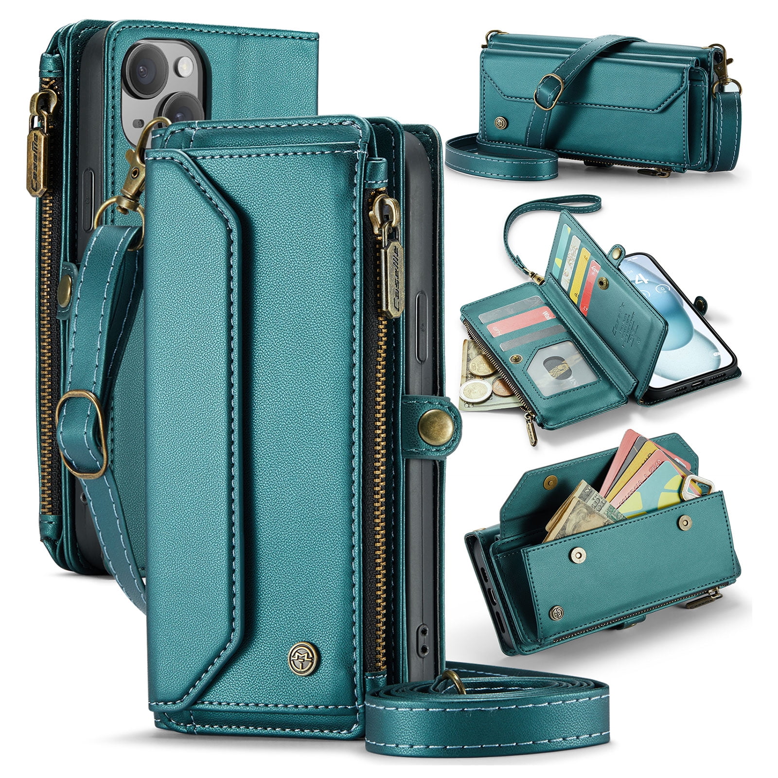 for iPhone 14 Plus Full Body Protection Wallet Folio Flip Case, Shoulder Strap & Wristlet Card Slots Zipper Pocket RFID Blocking Rugged Durable PU Leather Phone Case Cover, Green