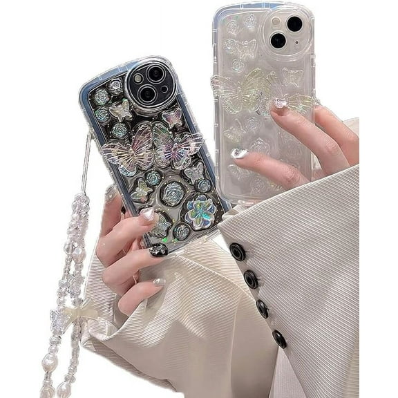 for iPhone 14 Plus Glitter Case, 3D Women Girls Kids Cute Bling Sparkle Soft Clear Rose Flower Butterfly with Pearl Strap Charm Protective Case Cover for iPhone 14 Plus