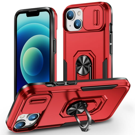 for iPhone 14 Plus Hard Case, with Camera Cover & Kickstand Holder, Built-in 360°Rotate Ring Stand Anti-scratch Drop Protection Magnetic Phone Case for Apple iPhone 14 Plus - Red