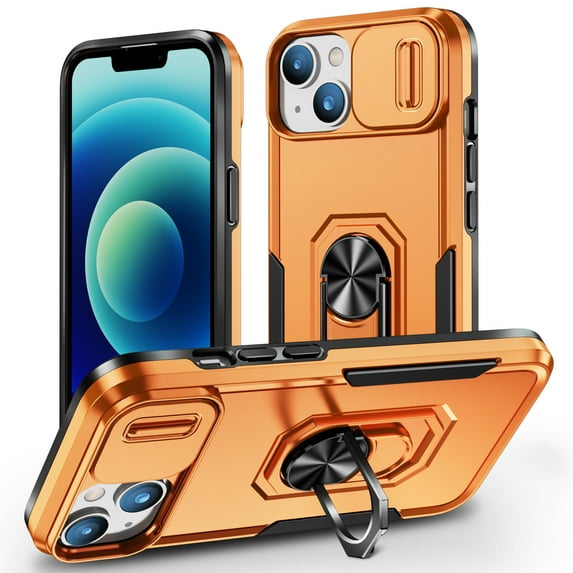 for iPhone 14 Plus Hard Case, with Camera Cover & Kickstand Holder, Built-in 360°Rotate Ring Stand Anti-scratch Drop Protection Magnetic Phone Case for Apple iPhone 14 Plus - Orange