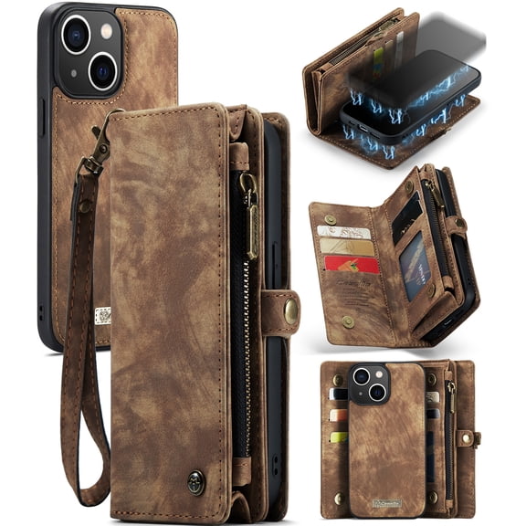 iPhone 14 Plus Leather Detachable Wallet Zipper Case with 8 Card Slots Holder Magnetic case for iPhone 14 Plus Flip Wallet Handle Wrist Strap Shockproof Pocket Handbag for Man Woman, Coffee