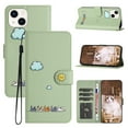thumbnail image 1 of for iPhone 14 Plus Lovely Cartoon Pattern Wallet Flip PU Leather Case, with Wrist Strap / Credit Card Slots / Photo Slot / Cash Pocket Kickstand Cute Phone Cover for iPhone 14 Plus, Green, 1 of 8