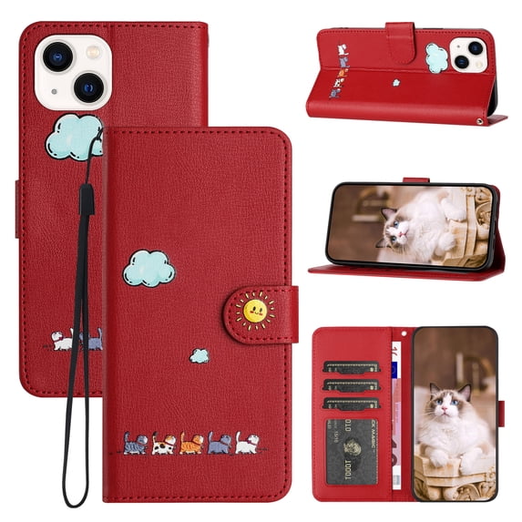 for iPhone 14 Plus Lovely Cartoon Pattern Wallet Flip PU Leather Case, with Wrist Strap / Credit Card Slots / Photo Slot / Cash Pocket Kickstand Cute Phone Cover for iPhone 14 Plus, Red