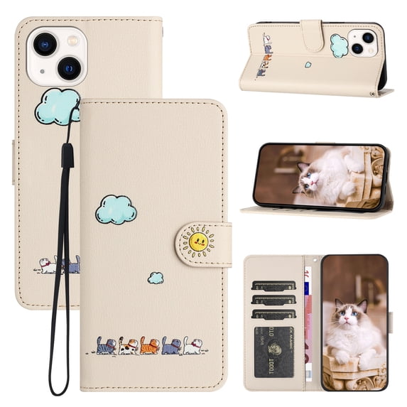 for iPhone 14 Plus Lovely Cartoon Pattern Wallet Flip PU Leather Case, with Wrist Strap / Credit Card Slots / Photo Slot / Cash Pocket Kickstand Cute Phone Cover for iPhone 14 Plus, Beige