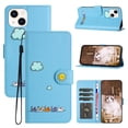 thumbnail image 1 of for iPhone 14 Plus Lovely Cartoon Pattern Wallet Flip PU Leather Case, with Wrist Strap / Credit Card Slots / Photo Slot / Cash Pocket Kickstand Cute Phone Cover for iPhone 14 Plus, Blue, 1 of 8