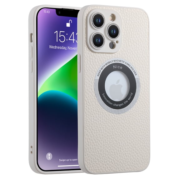 for iPhone 14 Plus, Luxury Compatible with MagSafe Slim PU Leather Camera Lens Protector Bling Sparkle Lens Shockproof Case Logo Visible Design for Women Girls For iPhone 14 Plus, White