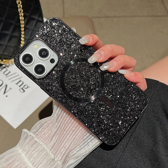 for iPhone 14 Plus Magnetic Case, Fashionable Sparkle Glitter Case Compatible with MagSafe Charging, Anti-Scratch Shockproof Phone Cover for iPhone 14 Plus Plating Bumper Bling Case, Black