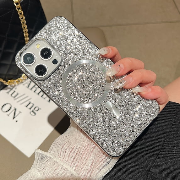for iPhone 14 Plus Magnetic Case, Fashionable Sparkle Glitter Case Compatible with MagSafe Charging, Anti-Scratch Shockproof Phone Cover for iPhone 14 Plus Plating Bumper Bling Case, Silver