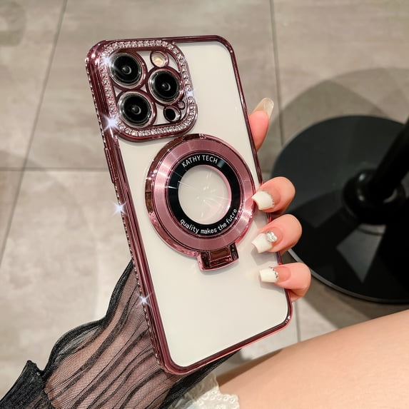 for iPhone 14 Plus Magnetic Glitter Case with Ring Holder Stand, Luxury Bling Rhinestone Clear Phone Case, Compatible with MagSafe and Camera Lens Protection Cover for Women Girls, Pink