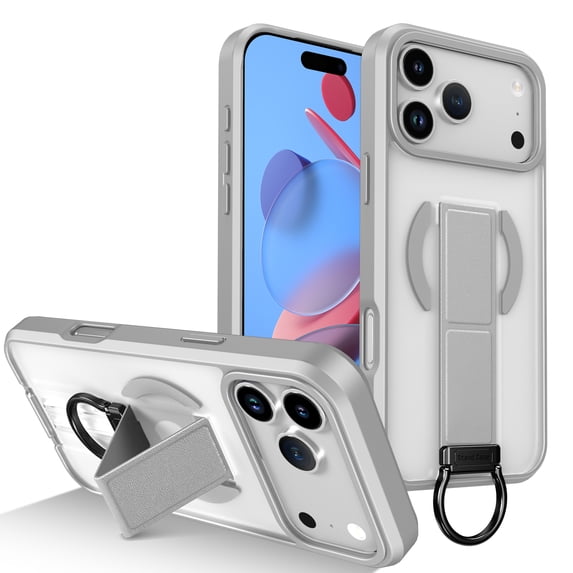 for iPhone 14 Plus Magnetic PU Leather TPU Case Stand Bracket Ring Hand Strap, Compatible with MagSafe, Luxury Shockproof Slim Translucent Frosted Phone Case for iPhone 14 Plus, Gray