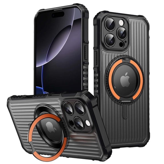 For iPhone 14 Plus Magnetic Phone Case,360°Rotatable Ring Kickstand,Compatible with Mag-Safe,4 Thickened Corners Protective,Clear Logo View,Shockproof Non-slip Translucent Phone Case,Orange