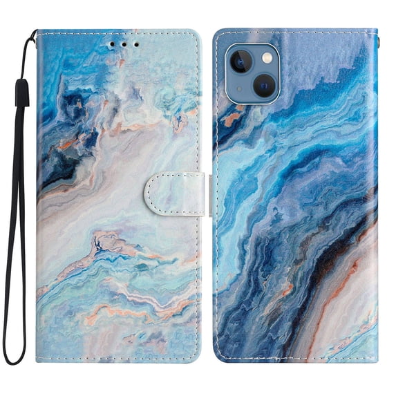 for iPhone 14 Plus Marble Flower Pattern Wallet Case, with Card Slots Holder Wrist Strap Magnetic Clasp Kickstand Cover, Premium PU Leather + TPU Shockproof Case for iPhone 14 Plus,Blue Marble