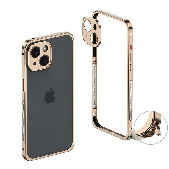 For iPhone 14 Plus Metal Bumper Phone Case,With Lens Protector,Slim Fit No Back No Frame Backless Metal Bumper 4 Corners Shockproof Rugged Heat Dissipation Frame Phone Case,Gold