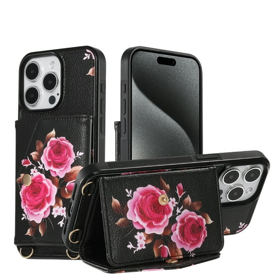 for iPhone 14 Plus Mirror Wallet Case with Card Holder, Floral Flower Print Back Flip Folio PU Leather Kickstand Shoulder Strap / Wristlet Magnetic Clasp Cover for iPhone 14 Plus, Black