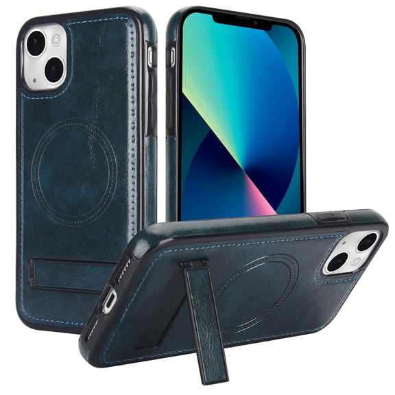for iPhone 14 Plus PU Leather Back Case, Built-in Invisible Stand [Compatible with Magsafe] Protective Slim Kickstand Anti-fall Phone Cover Compatible with iPhone 14 Plus, Blue