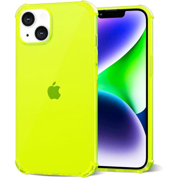 for iPhone 14 Plus Phone Case Clear, Transparent Crystal Thin Slim Flexible TPU Cover, Non-Yellowing Soft Silicone for Women Girl Cute, Protective Shockproof Bumper, Neon Yellow