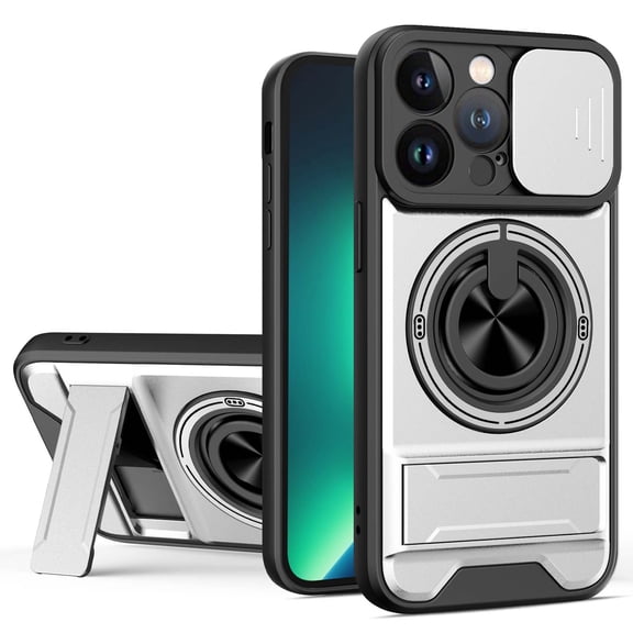 For iPhone 14 Plus Phone Case,Compatible with Mag-Safe,With 360° Rotatable Ring Holder,Invisible Kickstand,Camera Cover,Heavy Duty Shockproof Anti-fall Drop Protection,Rugged Phone Case,Silver