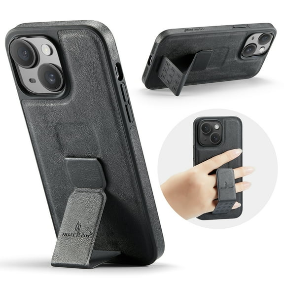 for iPhone 14 Plus Phone Case, Vintage Magnetic Finger Hand Wrist Strap Kickstand Shockproof Protective PU Leather Thin Fit Anti-Scratch Cover Compatible with iPhone 14 Plus, Black