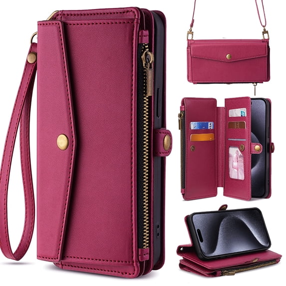 for iPhone 14 Plus Phone Case Wallet with Card Holder Zipper Bills Slot, Soft PU Leather Detachable Shoulder Strap and Wrist Strap Kickstand for iPhone 14 Plus Rugged Case Cover, Red