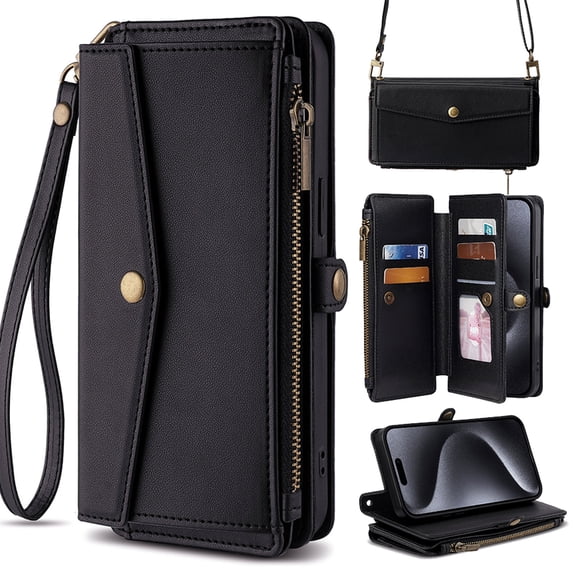 for iPhone 14 Plus Phone Case Wallet with Card Holder Zipper Bills Slot, Soft PU Leather Detachable Shoulder Strap and Wrist Strap Kickstand for iPhone 14 Plus Rugged Case Cover, Black