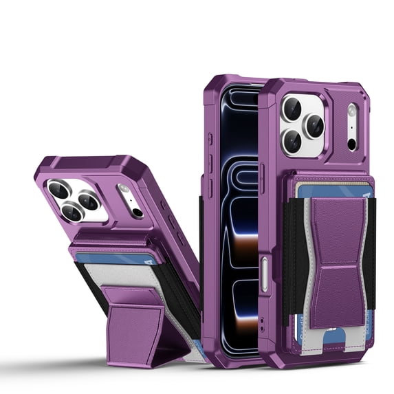 For iPhone 14 Plus Phone Case,With Contractile Kickstand,Card Slots,Anti-Scratch PU Leather + TPU Hybrid Shockproof Heavy Duty Anti-fall Drop Protection,Tough Rugged Phone Case,Purple