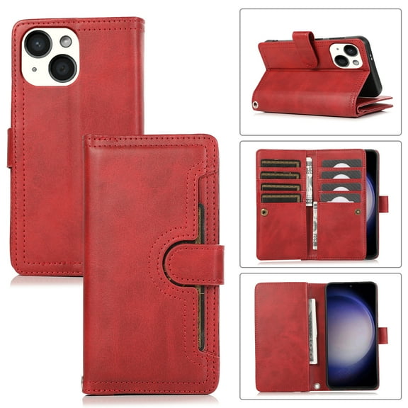 for iPhone 14 Plus Phone Case,for iPhone 14 Plus Wallet Case RFID Blocking 8 Card Slots Holder & 1 Cash Pocket & 1 Outer Pouch,Wrist Strap,Shockproof Leather Magnetic Flip Stand Cover,Red
