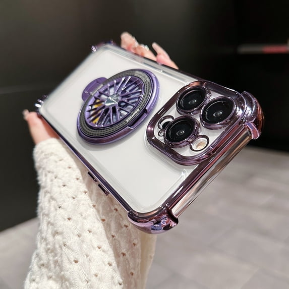 for iPhone 14 Plus Plating Case with Rotating Gyroscope Magnetic Ring Stand Full Camera Lens Protection Compatible with MagSafe Clear Back Phone Cover for iPhone 14 Plus, Darkpurple