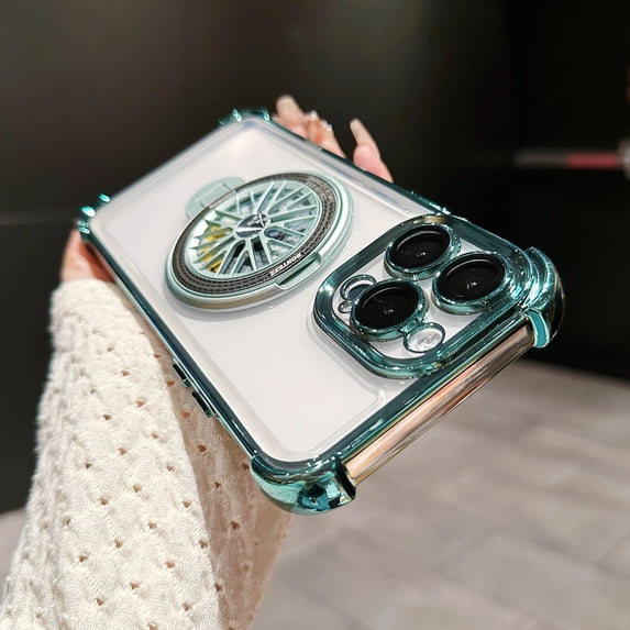 for iPhone 14 Plus Plating Case with Rotating Gyroscope Magnetic Ring Stand Full Camera Lens Protection Compatible with MagSafe Clear Back Phone Cover for iPhone 14 Plus, Green