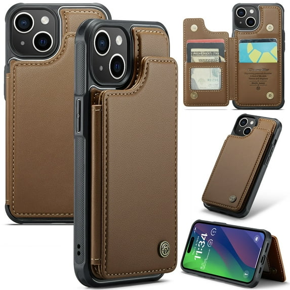 for iPhone 14 Plus Premium PU Leather Back Case, Multiple Card Slots Design, Double Magnetic Clasp Study Kickstand RFID Blocking Classic Phone Cover for iPhone 14 Plus, Brown