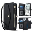 thumbnail image 1 of For iPhone 14 Plus【RFID Blocking】Multi functional 2-in-1 Soft PU Leather Wallet Case Magnetic Flip Cover Multi-Card Slots Zipper Pocket With Detachable Shoulder Strap And Wrist Strap,Black, 1 of 8
