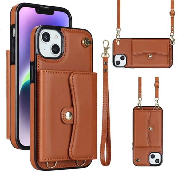 For iPhone 14 Plus RFID Blocking Protective Purse Wallet Case Magnetic Organ Style Flip Cover Multi-Card Slots Pocket With Detachable Shoulder Strap And Wrist Strap,Brown,For iPhone 14 Plus
