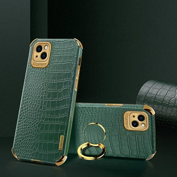 for iPhone 14 Plus Ring Holder Case Luxury Crocodile Snakeskin Pattern Gold Edge 360 Degree Rotation Kickstand for Women Men Slim Leather Protective Phone Case for iPhone 14 Plus, Green