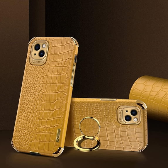 for iPhone 14 Plus Ring Holder Case Luxury Crocodile Snakeskin Pattern Gold Edge 360 Degree Rotation Kickstand for Women Men Slim Leather Protective Phone Case for iPhone 14 Plus, Yellow