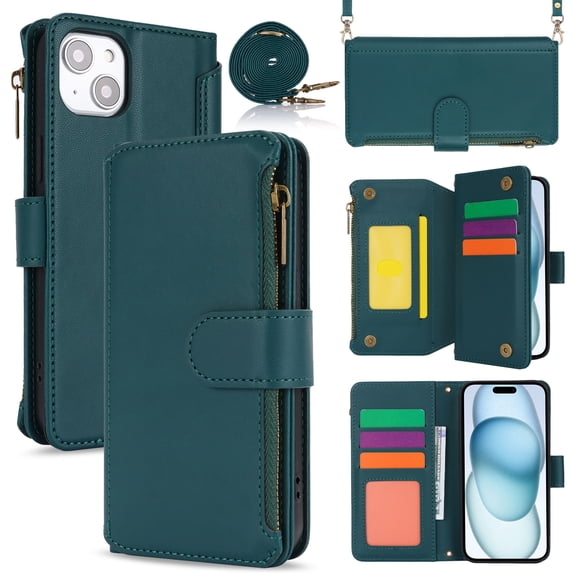 for iPhone 14 Plus Rugged Case, RFID Blocking Wallet Case for Women Men with Card Holder Zipper Magnetic Flip PU Leather Wrist Strap & Shoulder Strap Protective Cover for iPhone 14 Plus, Green