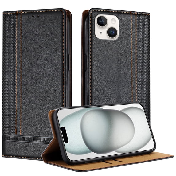 for iPhone 14 Plus Slim Case with Card Holder, Premium PU Leather Wallet Case with Flip Card Slots Kickstand & Magnetic Closure for iPhone 14 Plus, Black