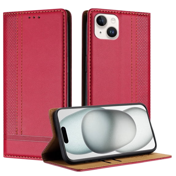 for iPhone 14 Plus Slim Case with Card Holder, Premium PU Leather Wallet Case with Flip Card Slots Kickstand & Magnetic Closure for iPhone 14 Plus, Red