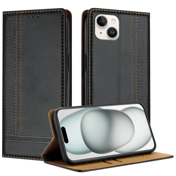 for iPhone 14 Plus Slim Case with Card Holder, Premium PU Leather Wallet Case with Flip Card Slots Kickstand & Magnetic Closure for iPhone 14 Plus, Black